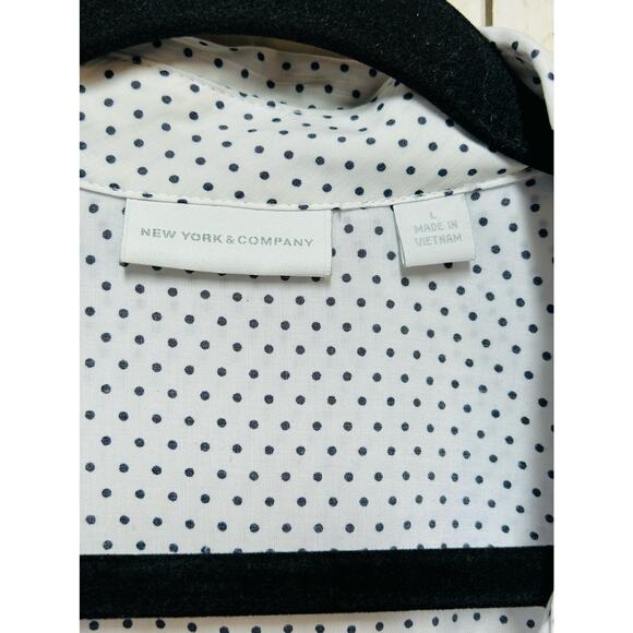 New York & Company Polka Dot Split Neck Tunic Shirt White blue Womens Size Large - Picture 7 of 8